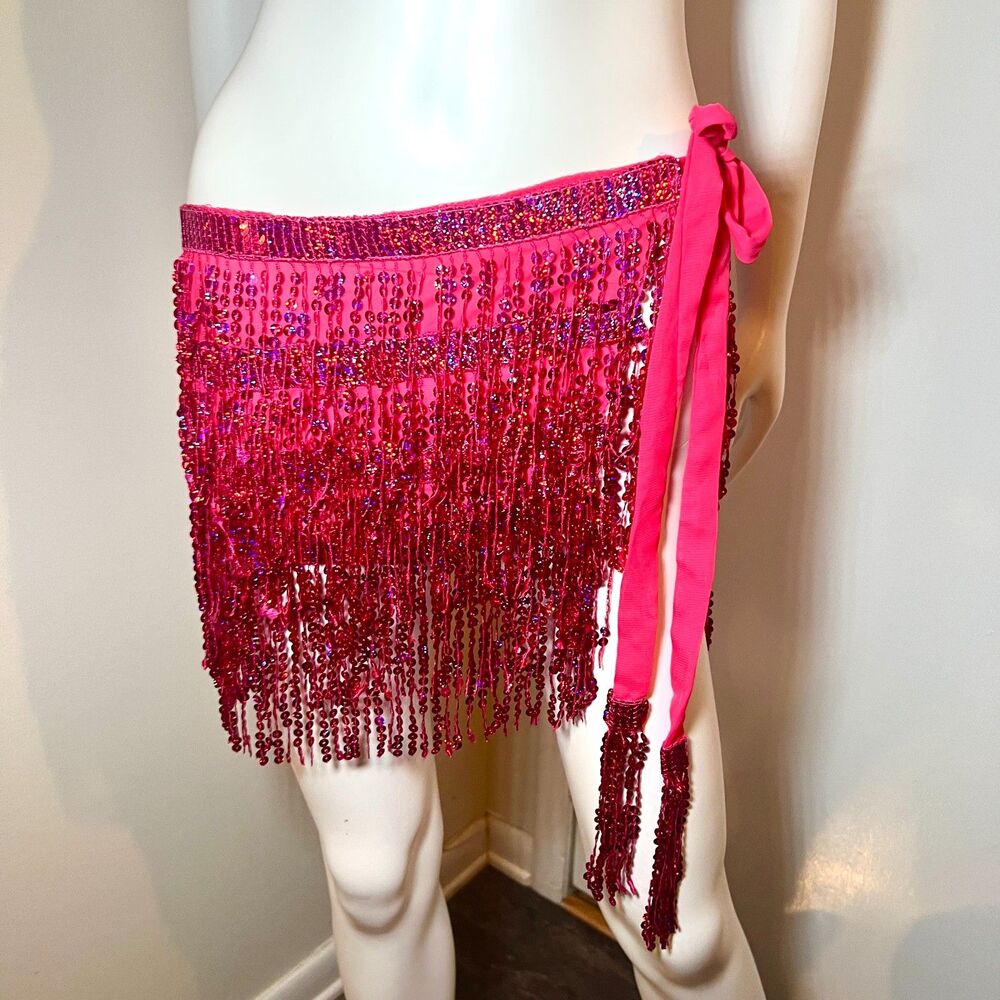 Pink Sequin Fringe Cover-Up Wrap Skirt OS Beach Y2K Mcbling Rave Festival 2000s